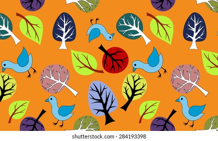 seamless with abstract trees and birds of different colors