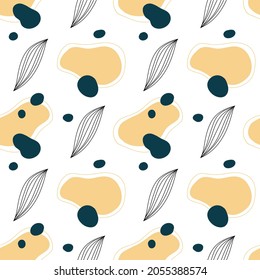 Seamless abstract trend pattern. Pattern with spots and different elements. Pattern for textiles, item design, web page design, social networks. Vector graphics.
