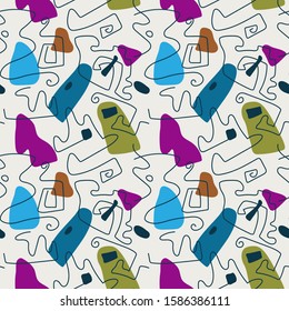 Seamless abstract trendy pattern with dots, chaotic lines.