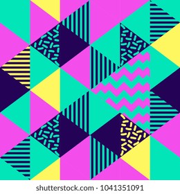 Seamless abstract triangle geometric pattern in retro 90s style, memphis colorful background.