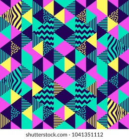 Seamless abstract triangle geometric pattern in retro 90s style, memphis colorful background.