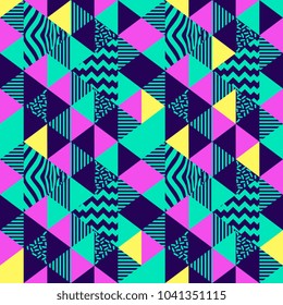 Seamless abstract triangle geometric pattern in retro 90s style, memphis colorful background.
