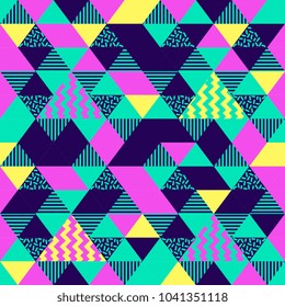 Seamless abstract triangle geometric pattern in retro 90s style, memphis colorful background.