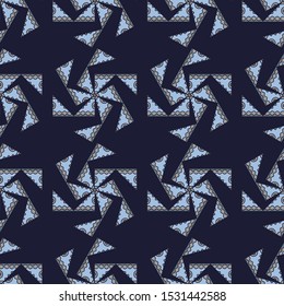 Seamless abstract triangle mosaic pattern, multicolor vector seamless background with Doodle elements, geometric print on dark blue background. Evening sky.
