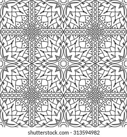 Seamless Abstract Tribal Black-White Pattern In Mono Line Style. Hand Drawn Ethnic Texture. Can be used as anti stress therapy for coloring or coloring-book.