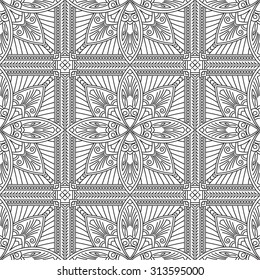 Seamless Abstract Tribal Black-White Pattern In Mono Line Style. Hand Drawn Ethnic Texture. Can be used as anti stress therapy for coloring or coloring-book.