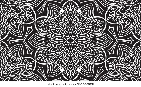 Seamless Abstract Tribal Black-White Pattern. Hand Drawn Ethnic Texture. Vector Illustration in black tones.