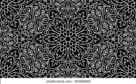 Seamless Abstract Tribal Black-White Pattern. Hand Drawn Ethnic Texture. Vector Illustration in black tones.