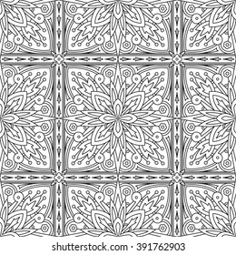 Seamless Abstract Tribal Black-White Pattern In Mono Line Style. Hand Drawn Ethnic Texture. Can be used as anti stress therapy for coloring or coloring-book.