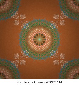 Seamless abstract tribal pattern in beige and green colors. Hand drawn ethnic texture, flight of imagination. Vector illustration.