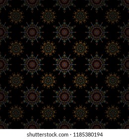 Seamless abstract tribal pattern in blue and yellow colors. Hand drawn ethnic texture, flight of imagination. Vector illustration.