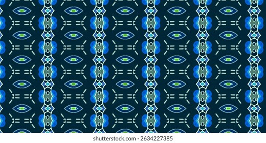 Seamless Abstract Tribal Pattern – Blue and Green on Dark Background

