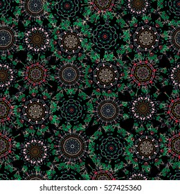 Seamless abstract tribal pattern in green and red colors. Hand drawn ethnic texture, flight of imagination. Vector illustration.