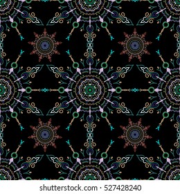 Seamless abstract tribal pattern in green, neutral and blue colors. Hand drawn ethnic texture, flight of imagination. Vector illustration.