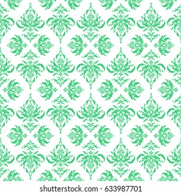 Seamless abstract tribal pattern in green colors. Hand drawn ethnic texture, flight of imagination. Vector illustration.