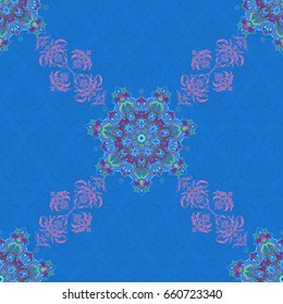 Seamless abstract tribal pattern in green, violet and blue colors. Hand drawn ethnic texture, flight of imagination. Vector illustration.