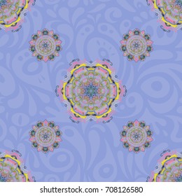 Seamless abstract tribal pattern in green, blue and yellow colors. Hand drawn ethnic texture, flight of imagination. Vector illustration.