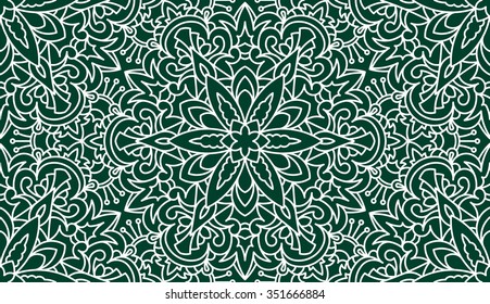 Seamless Abstract Tribal Pattern. Hand Drawn Ethnic Texture. Vector Illustration In Dark Green tones.