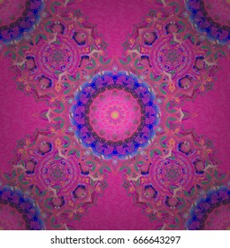 Seamless abstract tribal pattern in magenta and pink colors. Hand drawn ethnic texture, flight of imagination. Vector illustration.