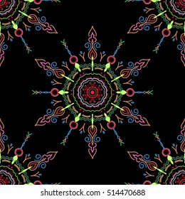 Seamless abstract tribal pattern in pink, red and green colors. Hand drawn ethnic texture, flight of imagination. Vector illustration.