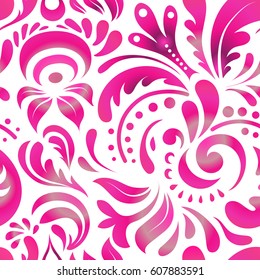 Seamless abstract tribal pattern in purple, magenta and pink colors. Hand drawn ethnic texture, flight of imagination. Vector illustration.