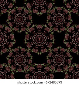 Seamless abstract tribal pattern in red, green and pink colors. Hand drawn ethnic texture, flight of imagination. Vector illustration.
