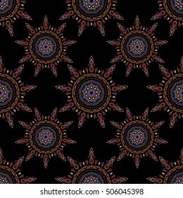 Seamless abstract tribal pattern in violet colors. Hand drawn ethnic texture, flight of imagination. Vector illustration.