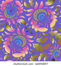 Seamless abstract tribal pattern in yellow, pink and blue colors. Hand drawn ethnic texture, flight of imagination. Vector illustration.