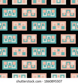 Tribal abstracta sin igual con patrón cuadrado sobre el diseño de fondo negro para tela, textil, papel tapiz