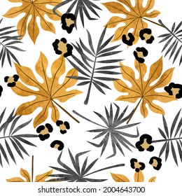 Seamless abstract tropic pattern with palm leaves and leopard print. Vector background.