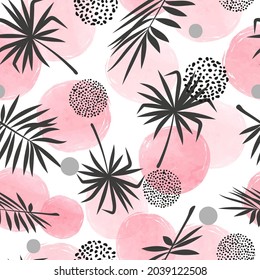 Seamless abstract tropic pattern with palm leaves and pink circles. Vector background.	