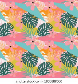 Seamless Abstract Tropical Floral Hand Drawn Pattern - All Over Tropic Print with Monstera Palm Leaves and Exotic Flowers - Graphic Vector Pastel Colors