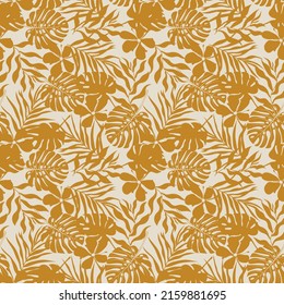 Seamless Abstract Tropical Floral Hand Drawn Pattern - All Over Tropic Print with Monstera Palm Leaves and Exotic Flowers - Graphic Vector Pastel Colors