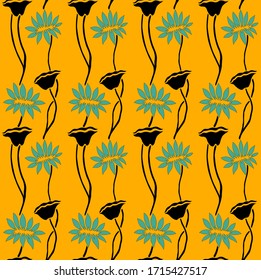 Seamless abstract tropical flower pattern with yellow background