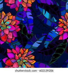Flores tropicales abstractas sin inconvenientes en contraste con tonos vivos y oscuros