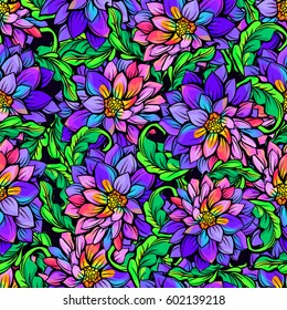 Seamless abstract tropical flower pattern in contrasting bright and dark tones