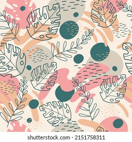 Seamless abstract tropical pattern with hand drawn elements in soft trendy colors. Vector background. Illustration of exotic plants and flowers. For cards, design, print, textile, wallpaper, bed linen