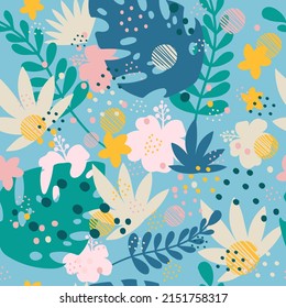 Patrón tropical abstracto sin inconvenientes con elementos dibujados a mano en colores de moda. Fondo vectorial. Ilustración de plantas exóticas y flores. Para tarjetas, carteles, impresos, textiles, papel pintado y ropa de cama