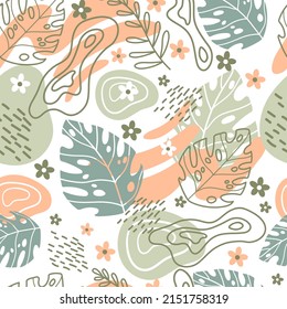 Seamless abstract tropical pattern with hand drawn elements in soft trendy colors. Vector background. Illustration of exotic plants and flowers. For cards, design, print, textile, wallpaper, bed linen