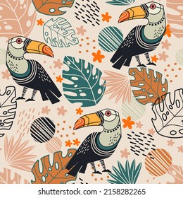 Patrón tropical abstracto y sin inconvenientes, con plantas dibujadas a mano y tocanes de estilo minimalista. Fondo vectorial. Ilustración de plantas exóticas y flores. Para tarjetas, diseño, impresión, textil, papel tapiz