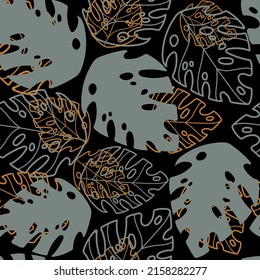 Seamless abstract tropical pattern with hand drawn monstera in trendy colors on black. Vector background. Illustration of exotic plants. For cards, design, print, textile, wallpaper, bed linen