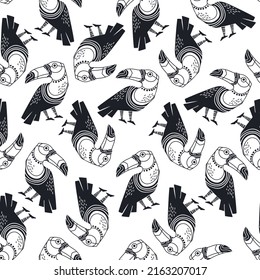 Seamless abstract tropical pattern with hand drawn black and white toucans in minimalism style. Vector background. Illustration of exotic birds. For cards, design, print, textile, wallpaper