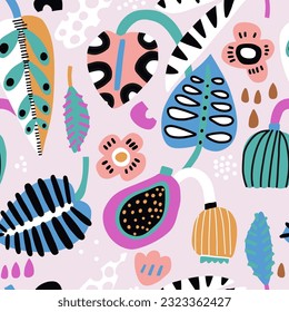 Seamless abstract tropical pattern with jungle botanical elements. Summer texture. Vector illustration