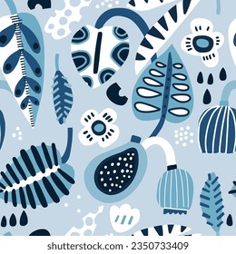 Seamless abstract tropical pattern with jungle botanical elements. Summer blue leaf texture. Vector illustration