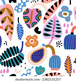 Seamless abstract tropical pattern with jungle botanical elements, leaves, flowers. Summer texture. Vector illustration