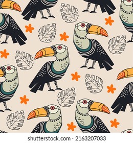 Seamless abstract tropical pattern toucans exotic and monstera leaves in minimalism style. Vector background. Illustration of exotic plants and flowers. For cards, design, print, textile, wallpaper