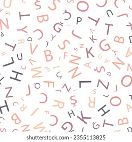 Seamless abstract Turkish alphabet vector geometric pattern. Colorful letters on white background. Random order. Gift wrapping paper, fabric, poster. Bed linen and interior. School and learning theme.