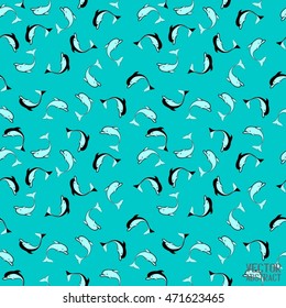 Seamless Abstract Turquoise Pattern with Dolphins. Texture Template for Wrapping Paper. Vector Illustration