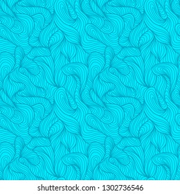 Seamless abstract ultra violet hand drawn pattern, waves background. Yarn curly pattern blue color