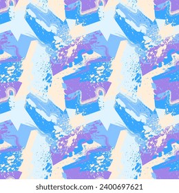 Seamless abstract urban geometric pattern with curved elements, grunge splatters